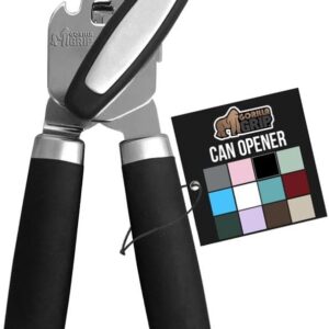 GORILLA GRIP Heavy Duty Stainless Steel Smooth Edge Manual Can Opener, Soft Comfortable Handle, Large Handheld Turn Knob, Built-In Bottle Openers, US Designed, Holiday Prep Kitchen Essential, Black